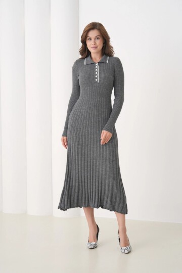 Kadın Polo Yaka Düğme Detay Kaşkorse Uzun Triko Elbise