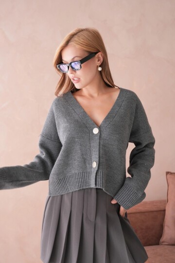 Kadın Polo Yaka Düğme Detay Oversize Triko Hırka