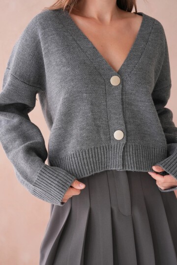 Kadın Polo Yaka Düğme Detay Oversize Triko Hırka