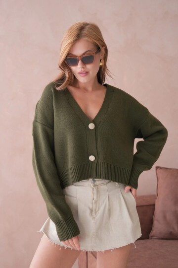 Kadın Polo Yaka Düğme Detay Oversize Triko Hırka