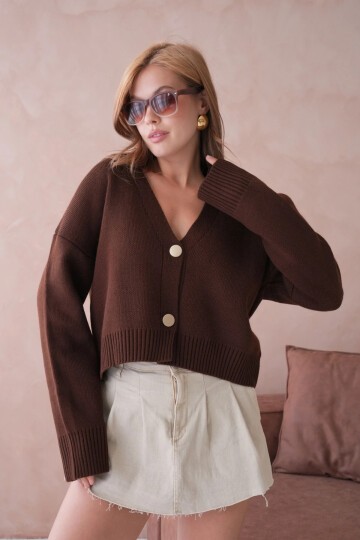 Kadın Polo Yaka Düğme Detay Oversize Triko Hırka