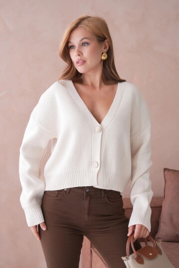 Kadın Polo Yaka Düğme Detay Oversize Triko Hırka