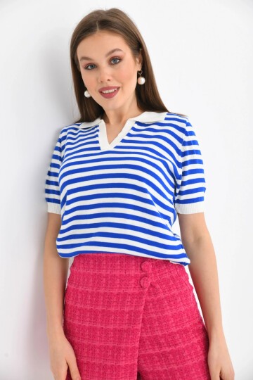 Kadın Polo Yaka Kısa Kol Çizgili Triko Kazak
