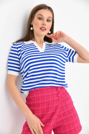 Kadın Polo Yaka Kısa Kol Çizgili Triko Kazak