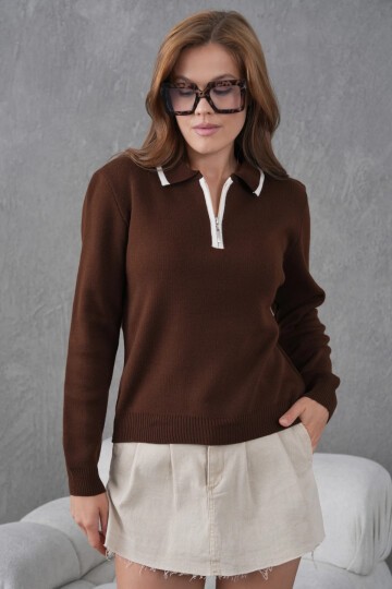 Kadın Polo Yaka Yarım Pat Fermuar Kapama Basic Triko Kazak