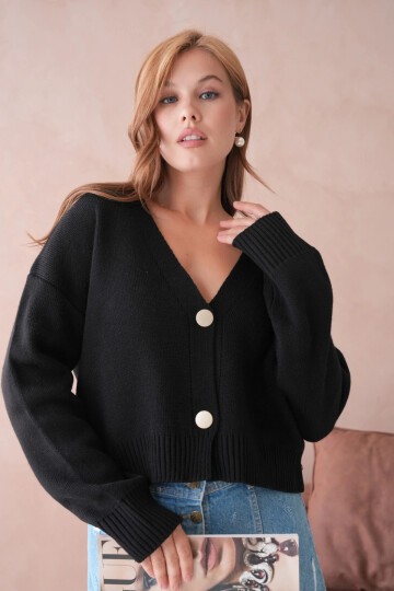 Kadın Polo Yakk Düğme Detay Oversize Triko Hırka