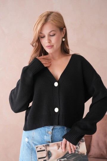 Kadın Polo Yakk Düğme Detay Oversize Triko Hırka