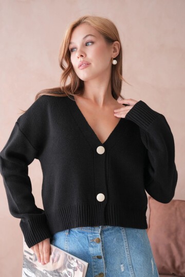 Kadın Polo Yakk Düğme Detay Oversize Triko Hırka