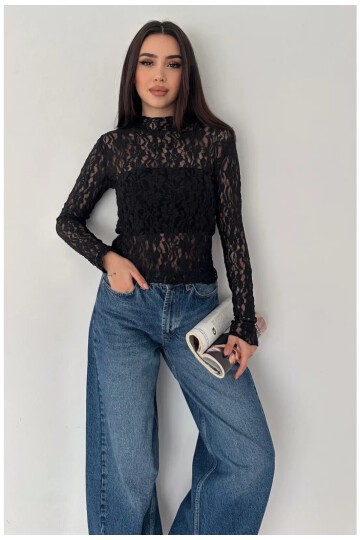 Kadın Transparan Çiçek Desenli Dantel Bluz