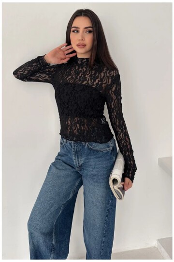 Kadın Transparan Çiçek Desenli Dantel Bluz