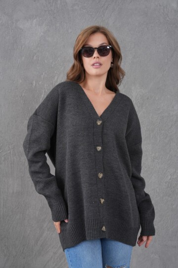 Kadın V Yaka Düğme Kapama Oversize Uzun Triko Hırka