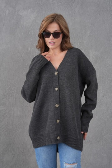 Kadın V Yaka Düğme Kapama Oversize Uzun Triko Hırka