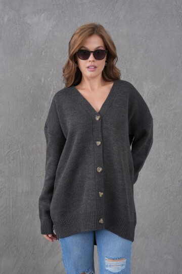 Kadın V Yaka Düğme Kapama Oversize Uzun Triko Hırka