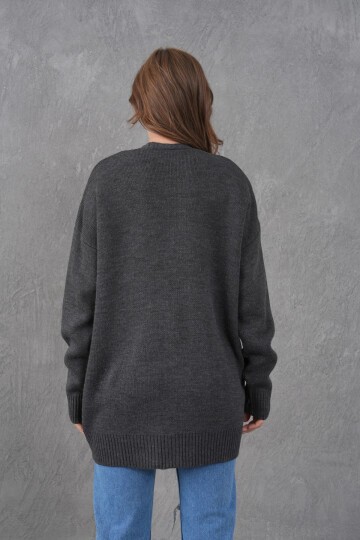 Kadın V Yaka Düğme Kapama Oversize Uzun Triko Hırka