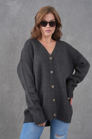 Kadın V Yaka Düğme Kapama Oversize Uzun Triko Hırka