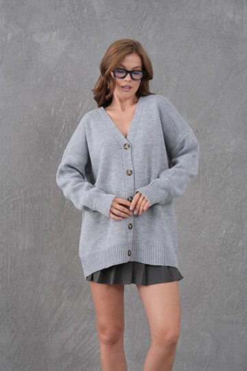 Kadın V Yaka Düğme Kapama Oversize Uzun Triko Hırka