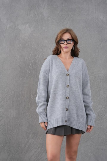 Kadın V Yaka Düğme Kapama Oversize Uzun Triko Hırka