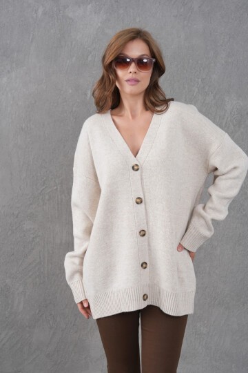 Kadın V Yaka Düğme Kapama Oversize Uzun Triko Hırka