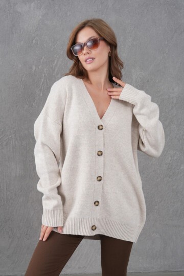 Kadın V Yaka Düğme Kapama Oversize Uzun Triko Hırka