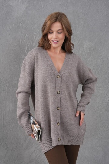 Kadın V Yaka Düğme Kapama Oversize Uzun Triko Hırka