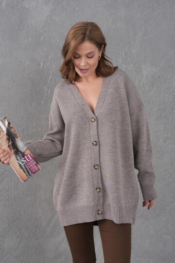 Kadın V Yaka Düğme Kapama Oversize Uzun Triko Hırka