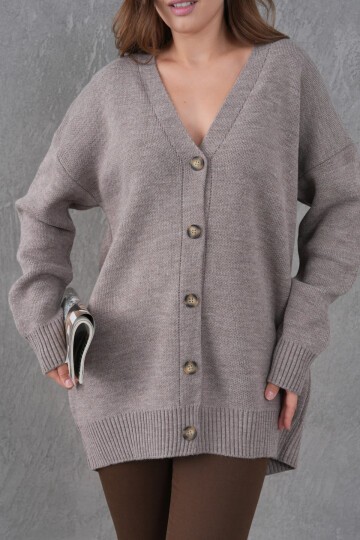 Kadın V Yaka Düğme Kapama Oversize Uzun Triko Hırka