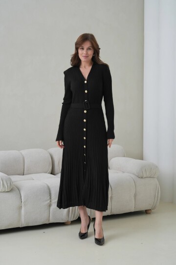 Kadın V Yaka Ful Düğme Kapama Kemer Detay Maksi Boy Fitilli Triko Elbise