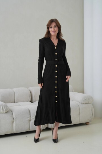 Kadın V Yaka Ful Düğme Kapama Kemer Detay Maksi Boy Fitilli Triko Elbise