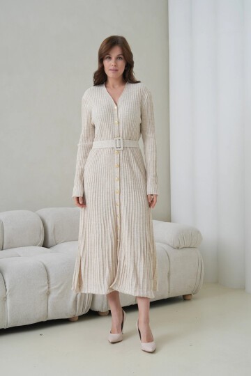 Kadın V Yaka Ful Düğme Kapama Kemer Detay Maksi Boy Fitilli Triko Elbise