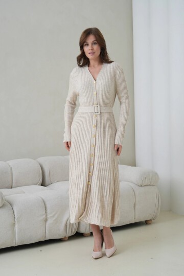 Kadın V Yaka Ful Düğme Kapama Kemer Detay Maksi Boy Fitilli Triko Elbise