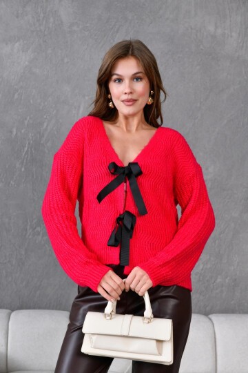 Kadın V Yaka Örgü Detay Fiyonklu Triko Ceket