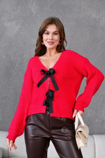 Kadın V Yaka Örgü Detay Fiyonklu Triko Ceket