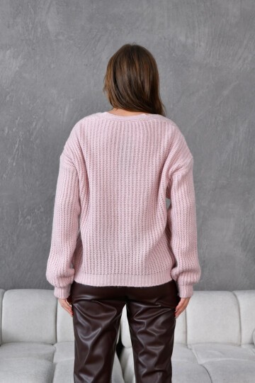 Kadın V Yaka Örgü Detay Fiyonklu Triko Ceket