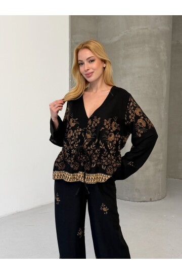 Kadın Viskon Kumaş Desenli V Yaka Kuşaklı Alt Üst Takım Siyah