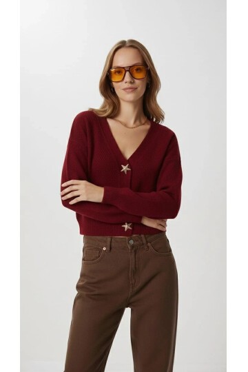 Kadın Yıldız Düğme Detaylı Triko Hırka