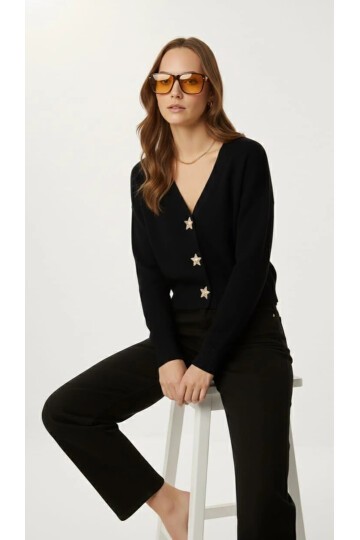 Kadın Yıldız Düğme Detaylı Triko Hırka