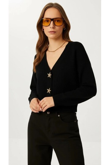 Kadın Yıldız Düğme Detaylı Triko Hırka