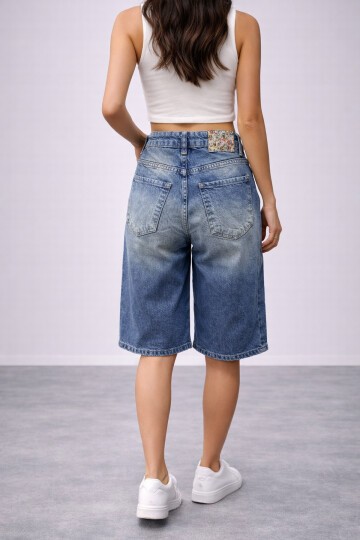 Kadın Yüksek Bel Salaş Jean Bermuda Lacivert