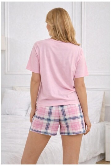 Kalp Baskılı Ekose Şortlu Kadın Pijama Takımı Pembe