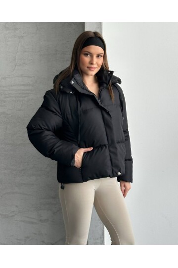 Kapşonlu Yaka Bağcıklı Micro Şişme Mont