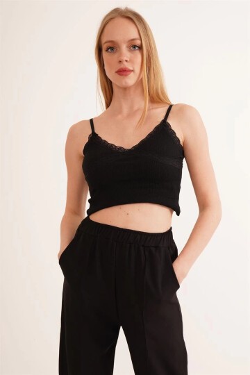 Kaşkorse İp Askılı Dantelli Crop Bluz SIYAH