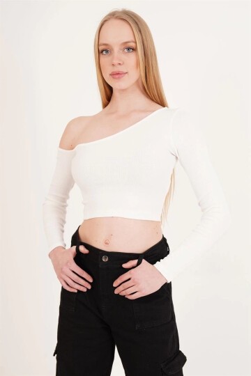 Kaşkorse Tek Omuz Dekolteli Uzun Kol Bluz BEYAZ