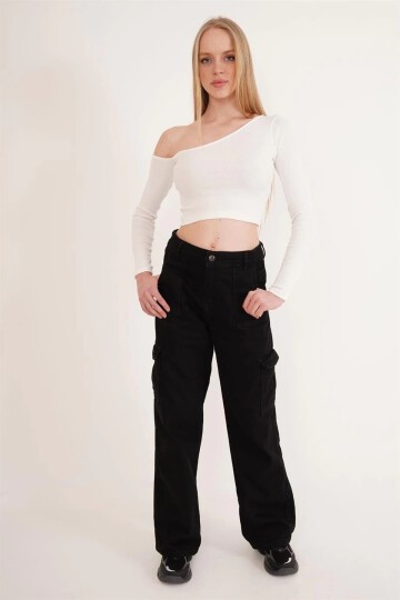 Kaşkorse Tek Omuz Dekolteli Uzun Kol Bluz BEYAZ