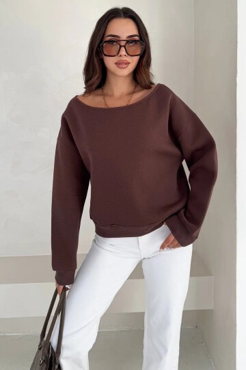 Kayık Yaka Polar Sweatshirt Kahve
