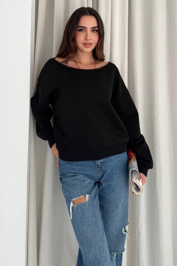 Kayık Yaka Polar Sweatshirt Siyah