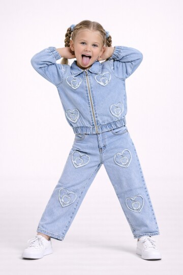 Kız Çocuk Kalp Desenli Jean Takım