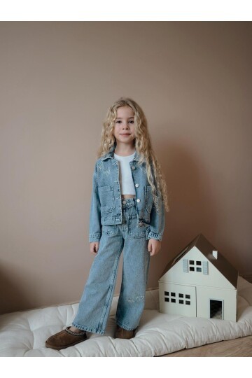 Kız Çocuk Çiçek Baskılı Cepli Kot İkili Takım Ceket Pantolon