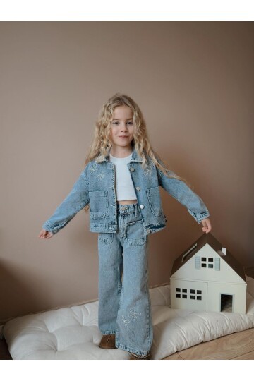 Kız Çocuk Çiçek Baskılı Cepli Kot İkili Takım Ceket Pantolon