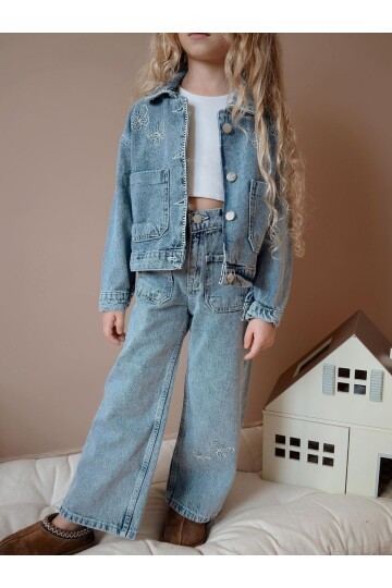 Kız Çocuk Çiçek Baskılı Cepli Kot İkili Takım Ceket Pantolon