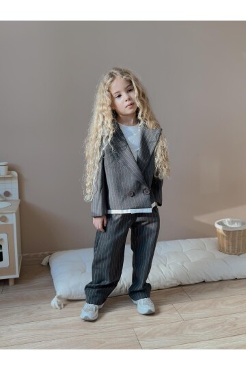 Kız Çocuk Çizgili Pantolon Ceket Antrasit Alt Üst Takım